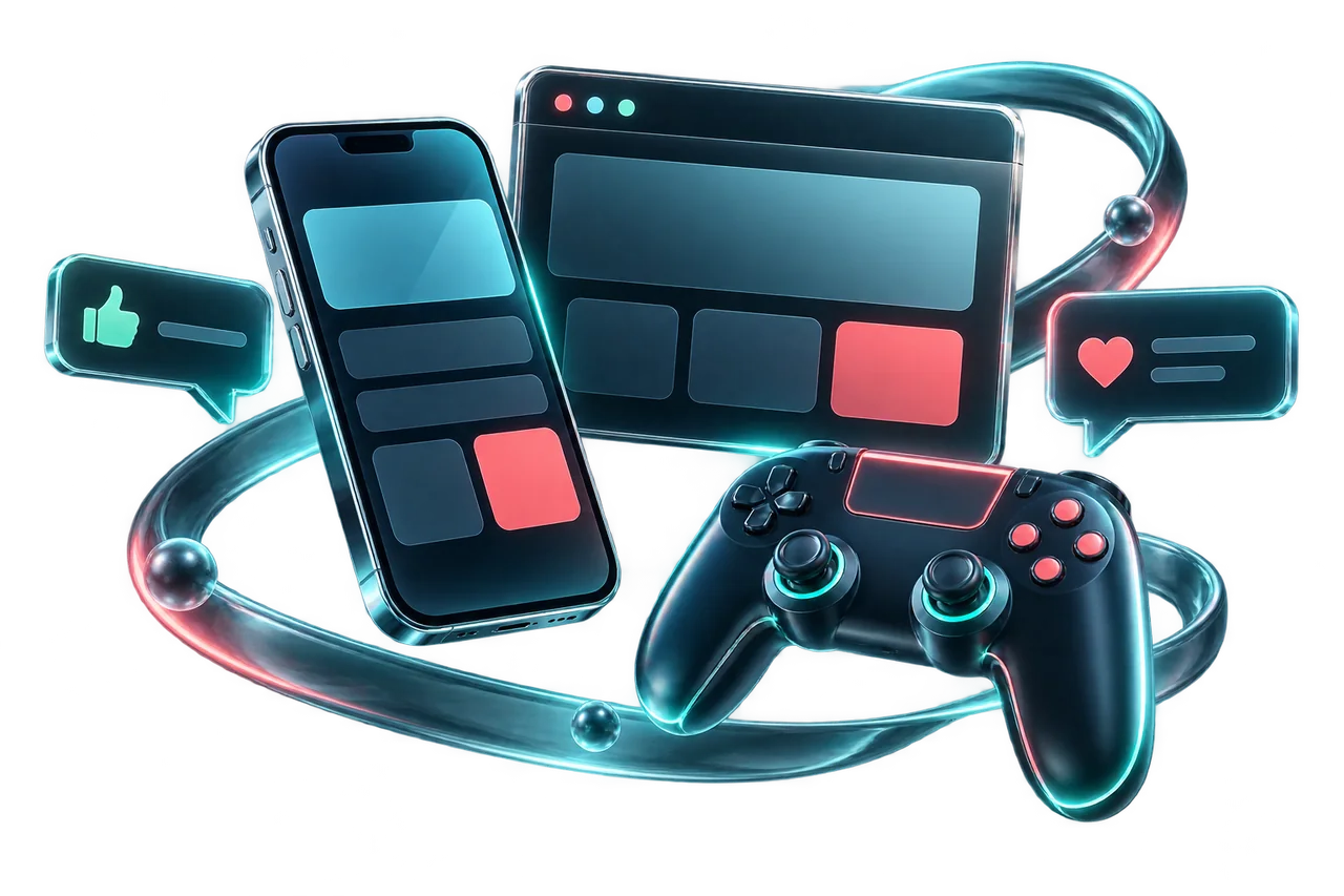 Composizione futuristica di smartphone, siti web, giochi e messaggi di feedback in vetro luminoso.