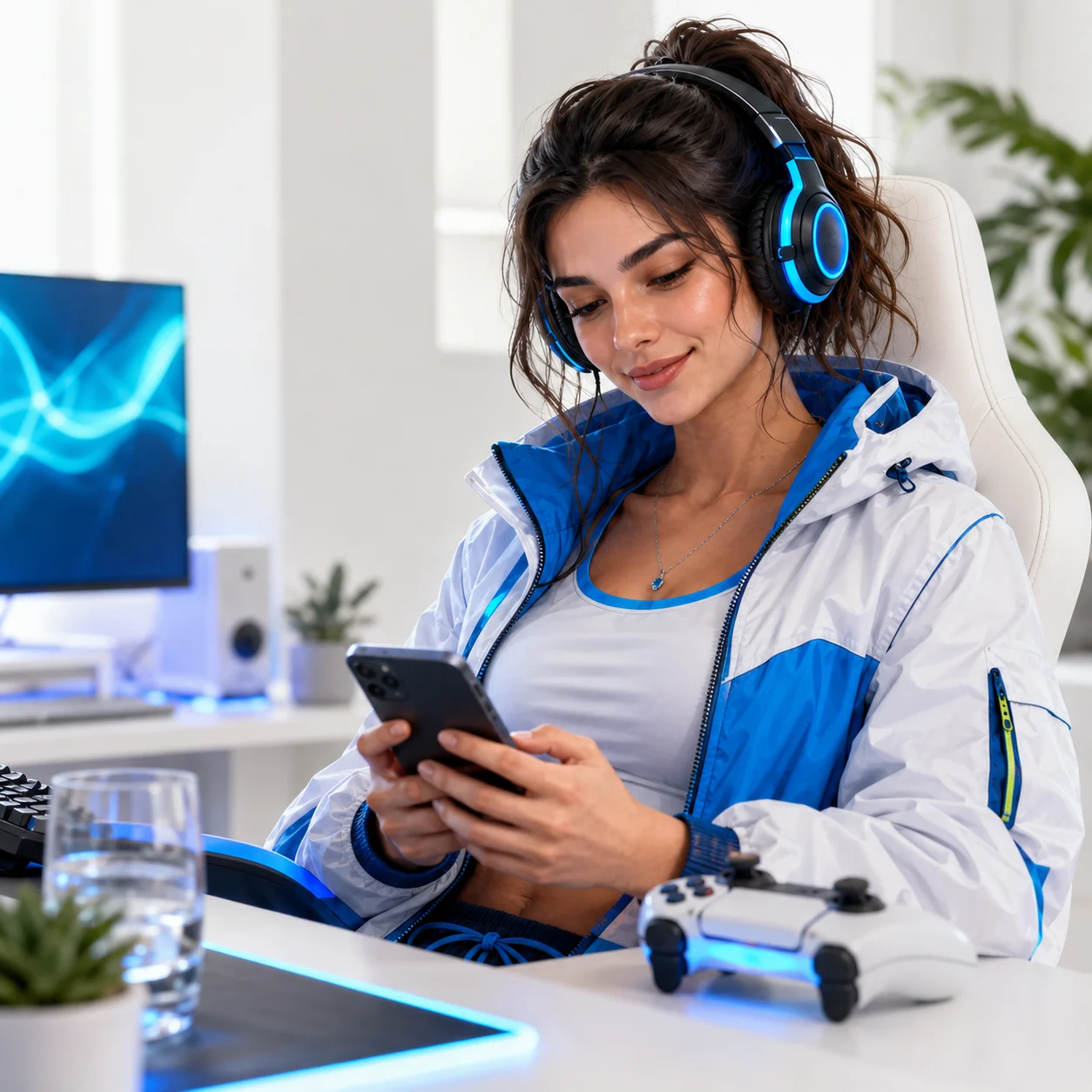 Una ragazza in una giacca bianca e blu prova un’app sul telefono, in una stanza luminosa